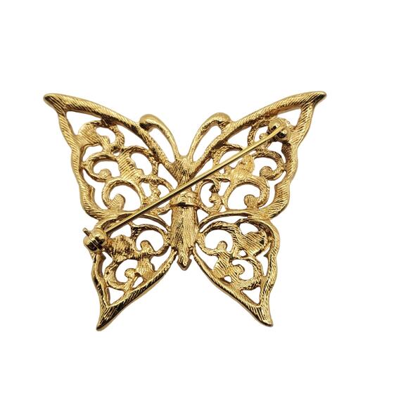 Monet Butterfly Brooch Gold Tone Filigree Pin Rhinestone Jewel Tones Insect - Picture 2 of 5